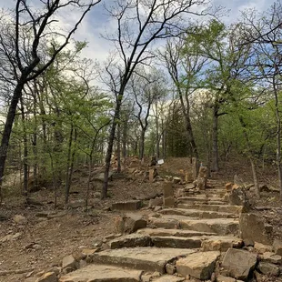 Upward look at the stone staircase