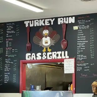 The front of  the Turkey Run Gas &amp; Grill where you actually order. With menu on the wall.