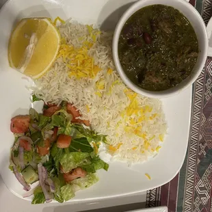 Qormeh Sabzi (lamb veggie stew with rice)