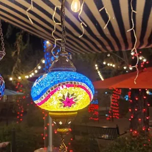 a patio area at night