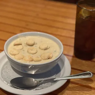 Excellent clam chowder...my happy face crackers.
