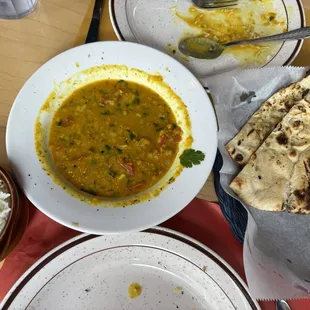 Dal with rice and garlic naan
