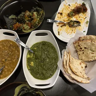 Methi chole, paneer saag, plain &amp; garlic naan