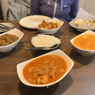 Chicken Vindaloo, Paneer Tikka Masala, Eggplant Vharta, Aloo Govi, Garlic Naan  White Rice