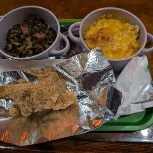 Catfish, Mac and cheese, with collard greens