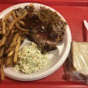 Pulled pork, ribs, fries, and great slaw.