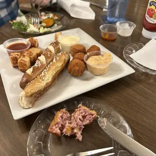 Sampler Platter (cheese curds, soft pretzel sticks, deep fried rueben balls)