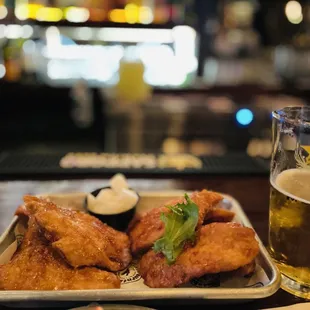 Korean fried chicken breasts and a cold pint of Sapporo beer!