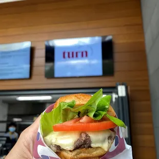 a hand holding a hamburger with lettuce, tomato, and cheese