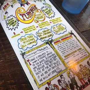 Unconventional menus with entertaining artwork.