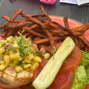Swordfish sandwich with sweet potato fries