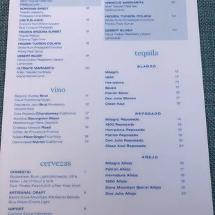 Beverage menu as of 10/2019