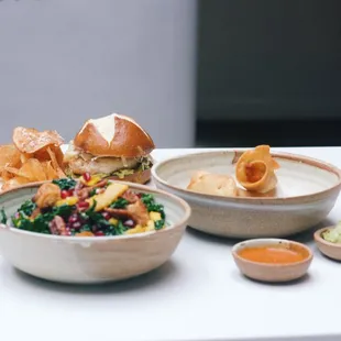 Turquoise Trailer dinner featuring: Harvest Salad, Papas Flautas + Turkey Burger w/ homemade parmesan potato chips