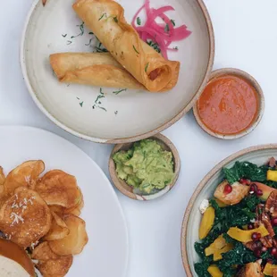 Turquoise Trailer dinner featuring: Harvest Salad, Papas Flautas + Turkey Burger w/ homemade parmesan potato chips