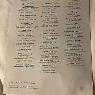 Drinks and dessert menu