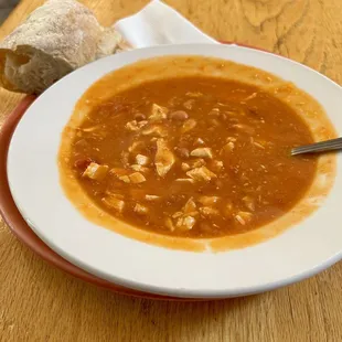 Chicken Chili -- $8 for a bowl and comes with bread. Really good! It&apos;s very light, nice flavor, not spicy.