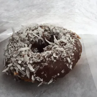 Coconut Chocolate Glazed Cake Donut.