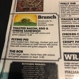 Brunch menu Sundays only