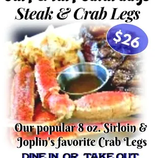 a flyer for a steak and crab legs dinner