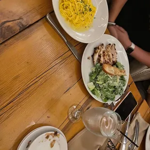 Butter noodles and Ceasar salad with chicken