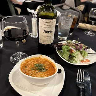Tomato Basil soup, house salad and yummy wine.