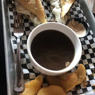 Prime rib dip with fries.  The fries are pretty thick, seasoned amazingly.