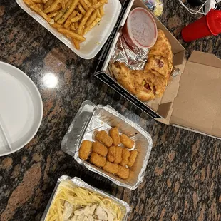 Garlic fries, Stromboli, mac &amp; cheese balls and chicken Alfredo