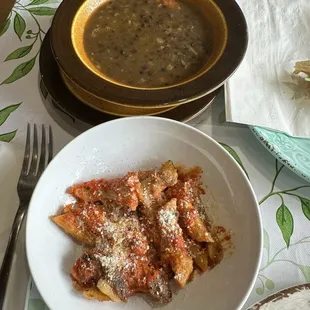 Lentil shrimp soup, feta eggplant pasta