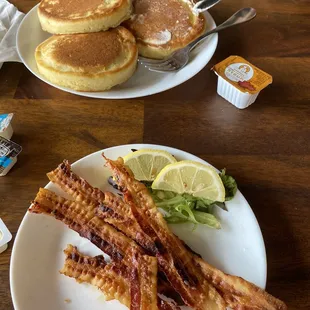 Pancakes were light and fluffy. Crispy bacon.