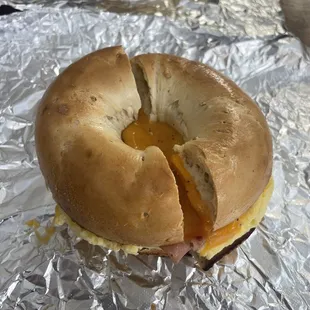 Bagel, egg, cheese, and ham