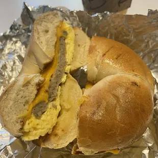 Egg, cheese, and sausage on plain bagel