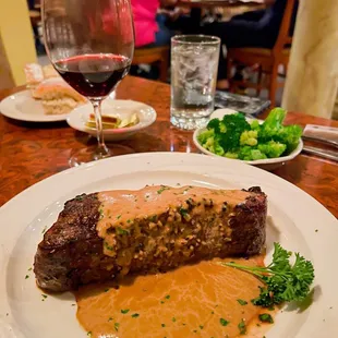 New York Cut Pepper Steak with steamed broccoli