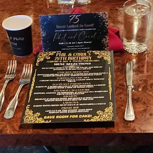 Place settings (I made the menu to match the decor but you can opt to have a customized menu for your event)