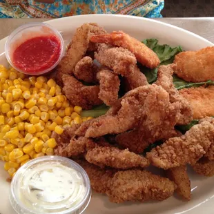 Catfish chunks, corn, fried shrimp.