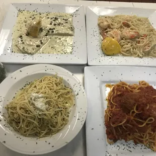 Creamy chicken Picatta, shrimp scampi, spaghetti meatballs