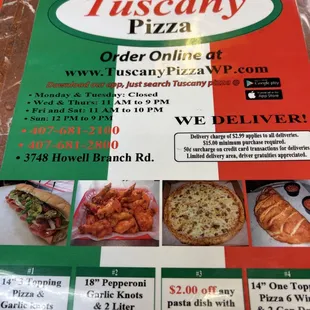 a menu for a pizza order