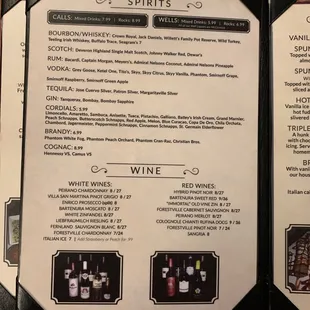 a menu for wine and spirits