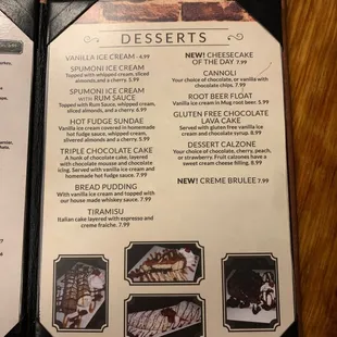 a menu for desserts