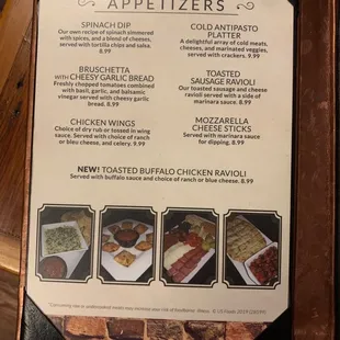 a menu for appetizers