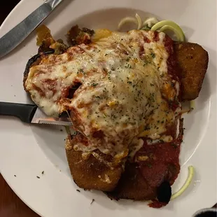 Eggplant parmigiana with zucchini "noodles"