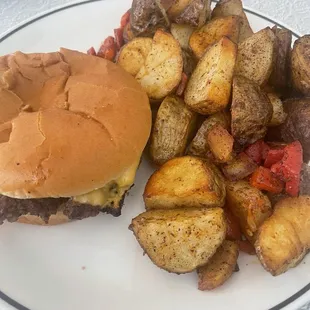 Old school onion burger and breakfast potatoes