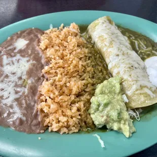 Chicken enchilada with green sauce from the Chiquitos Plates menu. Perfect portion!
