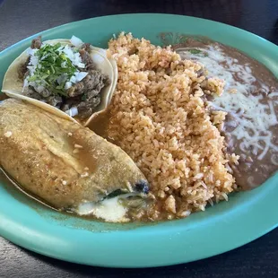 Chile Relleno + Carne Asada taco with rice and beans