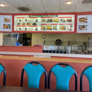 a view of a restaurant counter