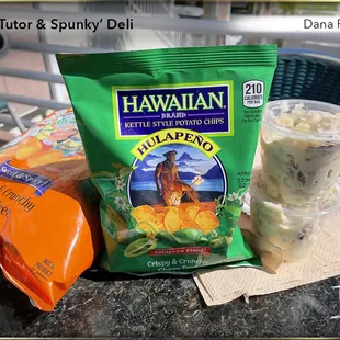 Sandwiches x2, bag chips x2, drinks x2, small potato salad x2 = $50 plus tip. Good food &amp; service but $$ for a sandwich and overall value.
