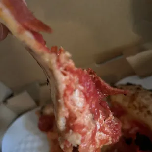 a hand holding a slice of pizza