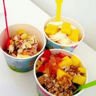 three bowls of frozen yogurt