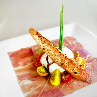 Prosciutto &amp; Burrata -
Arugula, Oven-Dried Tomatoes, Basil Oil, Crostini