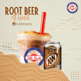 root beer float and a can of root beer