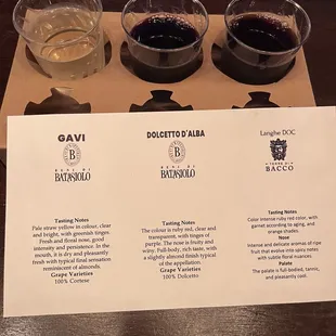 Wine flight from the hills of Piemonte